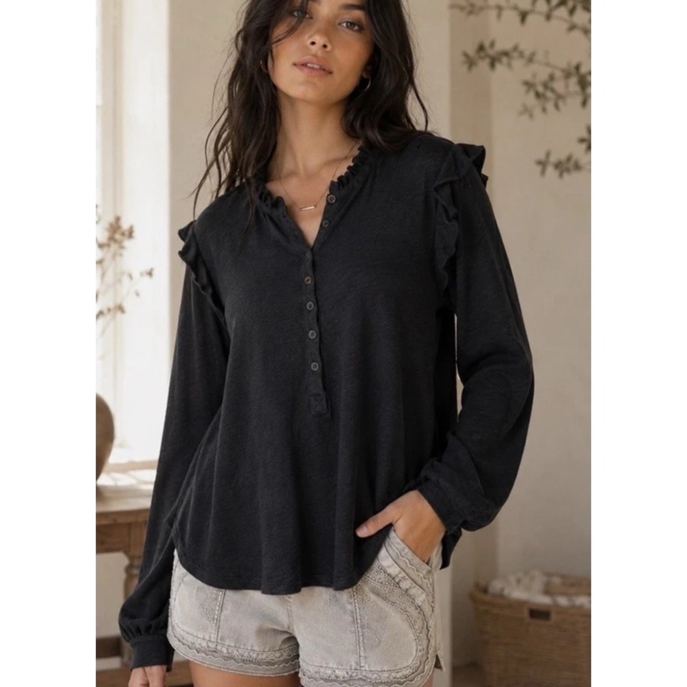 Anthropologie Pilcro Ruffle Henley In Black Cotton Modal Blend Size Large